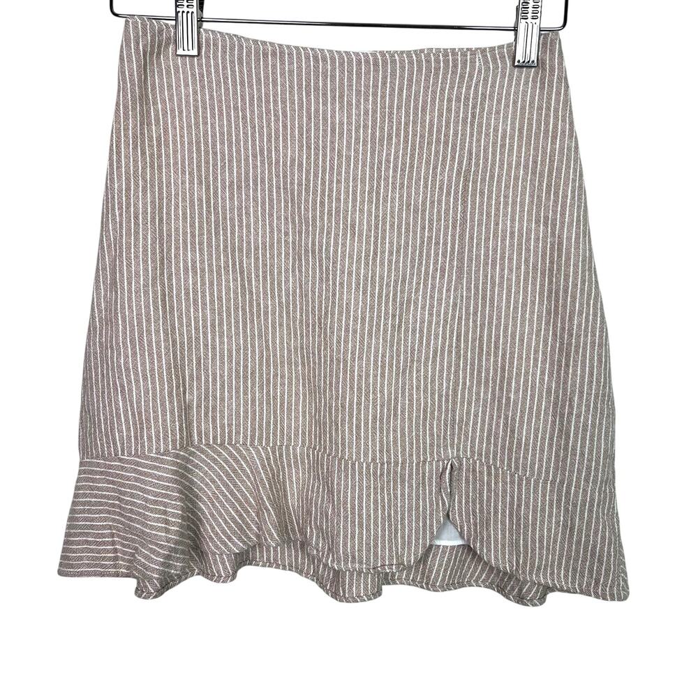 Abercrombie & Fitch Sz XS Linen Blend Ruffle Hem Mini Skirt Tan White Stripes
